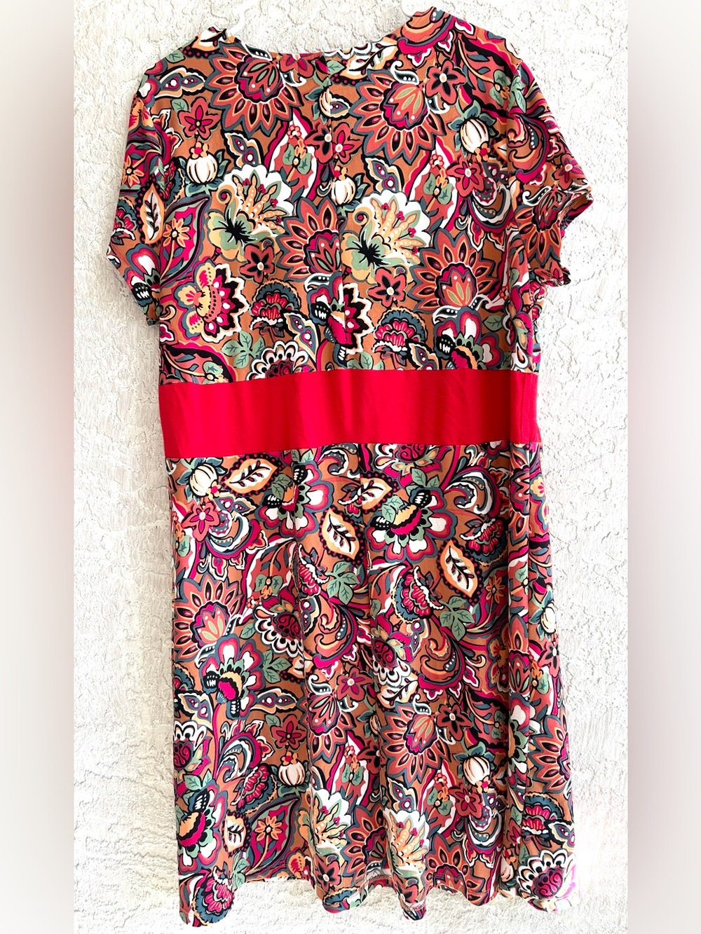 Red Paisley-Print Midi Dress with Red Waistband - Picture 2 of 8